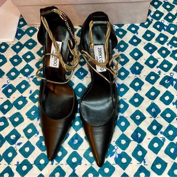 NIB Jimmy Choo Olesia 95 Leather Pump Black Gold Chain - Picture 5 of 10